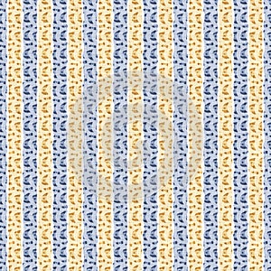 Seamless French country kitchen stripe fabric pattern print. Blue yellow white vertical striped background. Batik dye