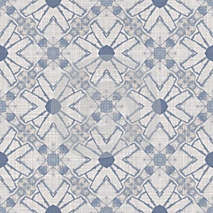 Seamless french farmhouse damask linen pattern. Provence blue white woven texture. Shabby chic style decorative fabric