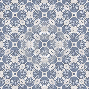 Seamless french farmhouse damask linen pattern. Provence blue white woven texture. Shabby chic style decorative fabric