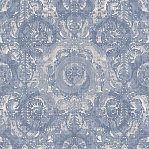 Seamless french farmhouse damask linen pattern. Provence blue white woven texture. Shabby chic style decorative fabric