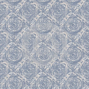 Seamless french farmhouse damask linen pattern. Provence blue white woven texture. Shabby chic style decorative fabric