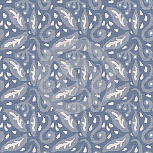 Seamless french farmhouse damask linen pattern. Provence blue white woven texture. Shabby chic style decorative fabric