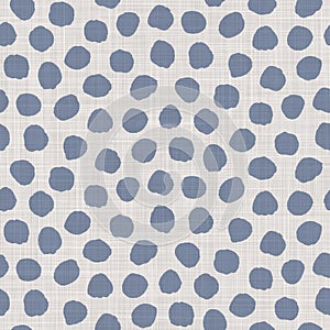 Seamless french farmhouse dotty linen pattern. Provence blue white woven texture. Shabby chic style decorative circle