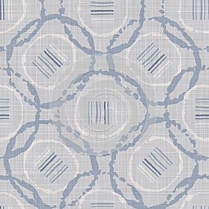 Seamless french farmhouse dotty linen pattern. Provence blue white woven texture. Shabby chic style decorative circle