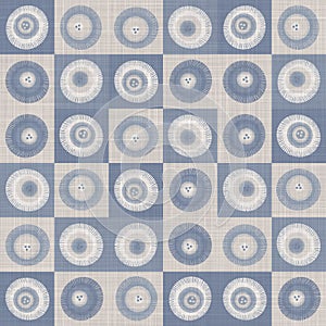 Seamless french farmhouse dotty linen pattern. Provence blue white woven texture. Shabby chic style decorative circle