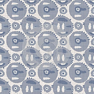 Seamless french farmhouse dotty linen pattern. Provence blue white woven texture. Shabby chic style decorative circle