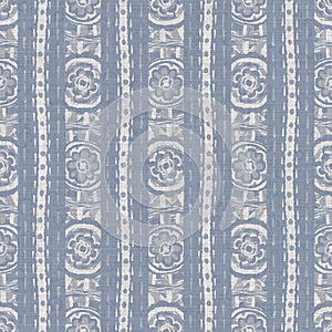 Seamless french farmhouse woven linen stripe texture. Ecru flax blue hemp fiber. Natural pattern background. Organic