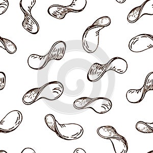 Seamless fried potato chips pattern. sketch of crunchy delicious potato crisps slices isolated on white. engraved vintage bar food