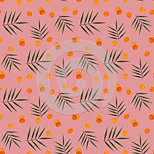 Seamless fruit background with oranges and exotic leaves. Vector template for label, fabric, cover, packaging, wallpaper. Cute pin
