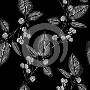 Seamless fruit black and white pattern. Juicy cherry, monochrome background. Print for textiles, wrapping paper and more. Stock