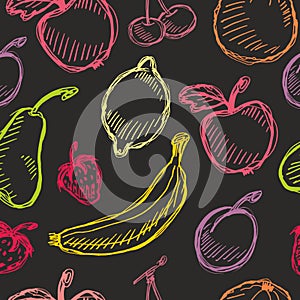 Seamless fruit hand drawn pattern with apple, cherry, lemon, banana, strawberry, plum, pear, peach, orange. Vintage boho backgroun