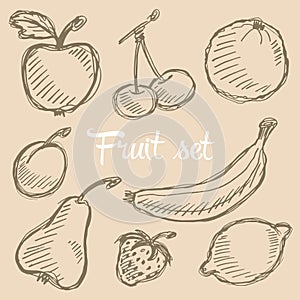 Seamless fruit hand drawn pattern with apple, cherry, lemon, banana, strawberry, plum, pear, peach, orange. Vintage boho backgroun