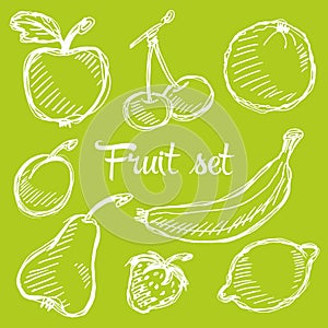 Seamless fruit hand drawn pattern with apple, cherry, lemon, banana, strawberry, plum, pear, peach, orange. Vintage boho backgroun