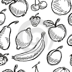 Seamless fruit hand drawn pattern with apple, cherry, lemon, banana, strawberry, plum, pear, peach, orange. Vintage boho backgroun