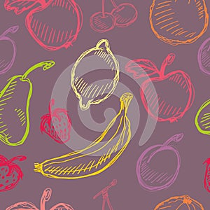 Seamless fruit hand drawn pattern with apple, cherry, lemon, banana, strawberry, plum, pear, peach, orange. Vintage boho backgroun