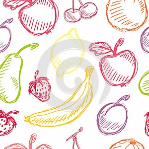 Seamless fruit hand drawn pattern with apple, cherry, lemon, banana, strawberry, plum, pear, peach, orange. Vintage boho backgroun