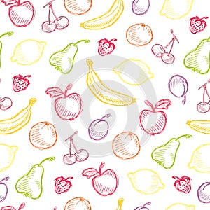 Seamless fruit hand drawn pattern with apple, cherry, lemon, banana, strawberry, plum, pear, peach, orange. Vintage boho backgroun