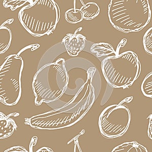 Seamless fruit hand drawn pattern with apple, cherry, lemon, banana, strawberry, plum, pear, peach, orange. Vintage boho backgroun