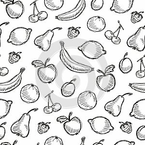 Seamless fruit hand drawn pattern with apple, cherry, lemon, banana, strawberry, plum, pear, peach, orange. Vintage boho backgroun