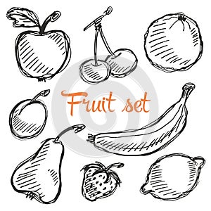 Seamless fruit hand drawn pattern with apple, cherry, lemon, banana, strawberry, plum, pear, peach, orange. Vintage boho backgroun