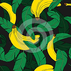Seamless fruit pattern with banana and leaves