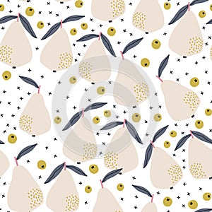 Seamless fruit pattern with creative pears. Abstract summer fruit background. Great for fabric, textile, apparel. Vector