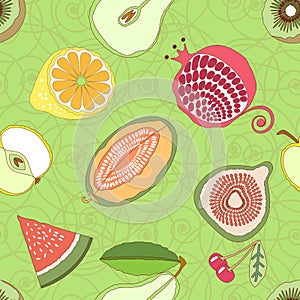 Seamless fruit pattern on green background with ornament.vector illustration