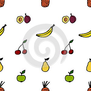 Seamless fruit pattern. Vector illustration including apples, pears, plums, bananas, pineapples and cherries