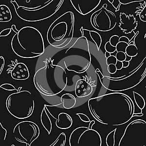 Seamless fruits and berries pattern in line art style. Black and white, doodle, hand drawn. Vector illustration on a