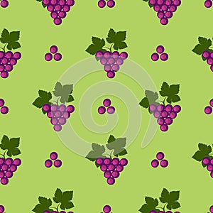 Seamless fruits vector pattern, bright color background with grapes and leaves, over green backdrop