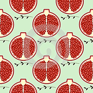 Seamless fruits vector pattern, bright color background with pomegranates and branches with leaves, over light backdrop