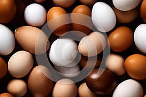 seamless full-frame high angle view background and texture of piled white and brown chicken eggs, neural network