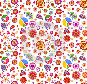 Seamless funny wallpaper with hippie peace symbols, flower-power, butterfly, fly agaric and paisley