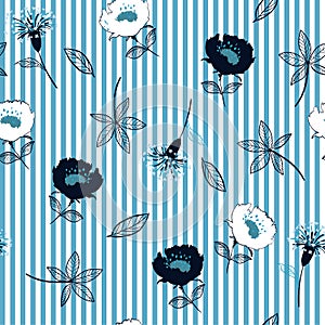 Seamless garden flowers pattern on blue white stripes. Leaves