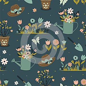 Seamless garden spring pattern with watering cans, flowers, shovels, hats. Vector graphics
