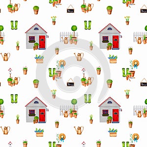 Seamless gardening pattern with colorful illustrations of shad, watering can, rubber boots and flower pot compositions.