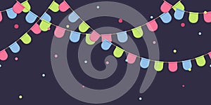 Seamless garland with celebration flags chain, pink, blue, green pennons with confetti on dark background, footer and banner for d