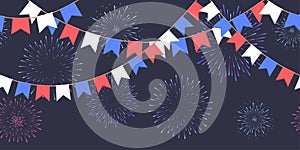 Seamless garland with celebration flags chain, white, blue, red pennons and salute on dark background, footer and banner fireworks