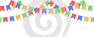 Seamless garland with celebration flags chain, yellow, blue, red, green pennons on white background, footer and banner for decorat