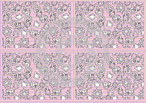 Seamless gentle abstract pattern. A pattern of flowers, hearts, chains on the background of a frame of horizontal stripes