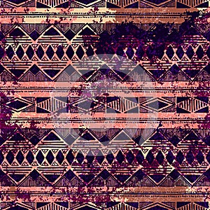 Seamless geometric background. Grunge effect. Brown and purple w