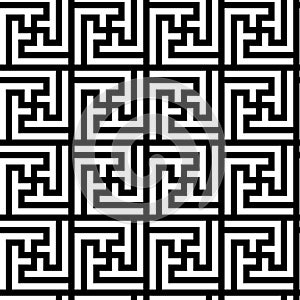 Seamless geometric maze pattern with bold black square labyrinth lines creating abstract optical illusion background design