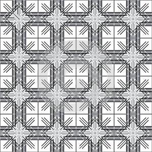 Seamless geometric monochrome pattern in gray, white and black colors. Checkered pattern with curly lines, gray background