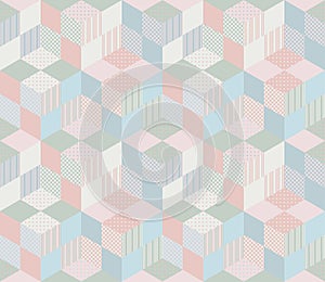 Seamless geometric patchwork pattern in pastel tones.