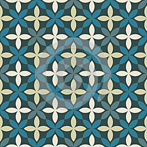Seamless geometric pattern with abstract floral elements based on Arabic ornaments. Geometric checkered background in blue and