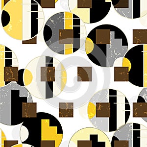 Seamless geometric pattern background, retro, art nouveau style, with circles, stripes, paint strokes and splashes