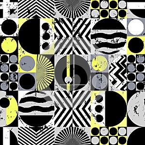 Seamless geometric pattern background, retro style, with circles, squares, paint strokes and splashes, black and white