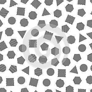 Seamless geometric pattern with black squares, triangles, circles, pentagons, hexagons and heptagons for tissue and postcards.