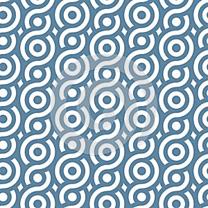 Seamless geometric pattern of blue concentric circles on a white background. Striped texture. Composition of braided wavy lines.