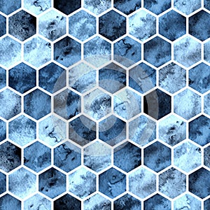 Seamless geometric pattern with blue watercolor polygons. Abstract hexagons background